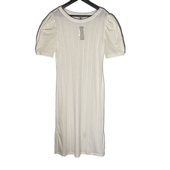 HONEY & T Women's Knit Dress Puffy Sleeves Woven Cotton Off White Size Large NWT - Picture 1 of 8